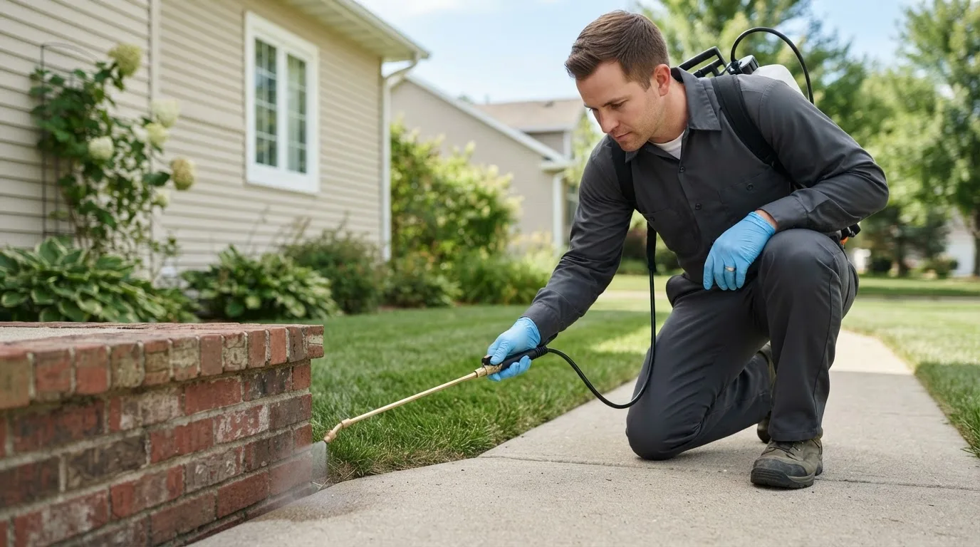 Pest control technician treating a home near Rainsville, AL